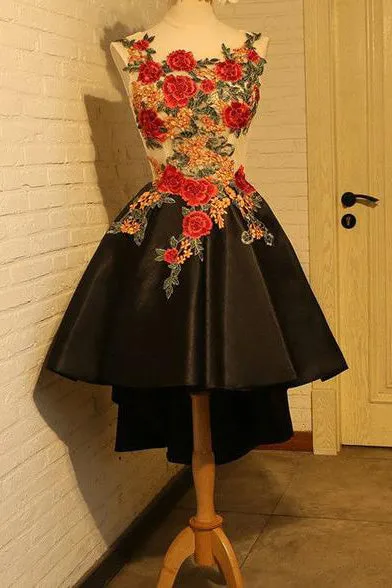 Black A Line Sleeveless Short Prom Dresses,High Low Homecoming Dresses With Flower Appliques OK406