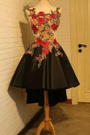 Black A Line Sleeveless Short Prom Dresses,High Low Homecoming Dresses With Flower Appliques OK406