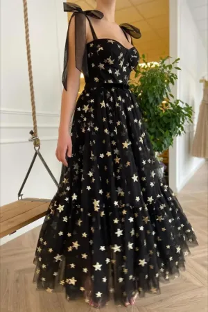 Black A Line Sweetheart Tulle Prom Dresses with Gold Stars APH0218