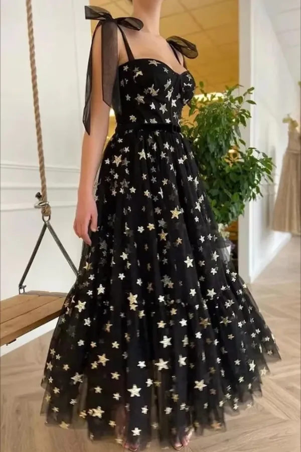 Black A Line Sweetheart Tulle Prom Dresses with Gold Stars APH0218