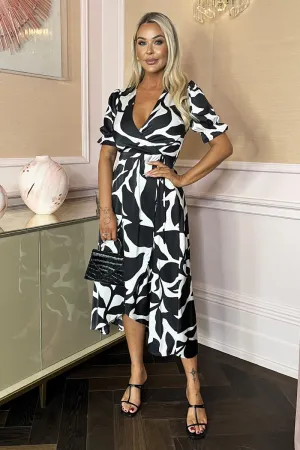 Black And White Leaf Print Puff Sleeve Wrap Midi Dress
