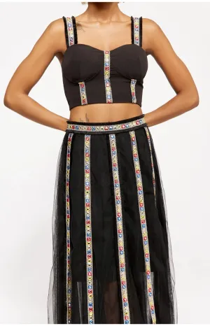 Black Embroidered Crop Top Set