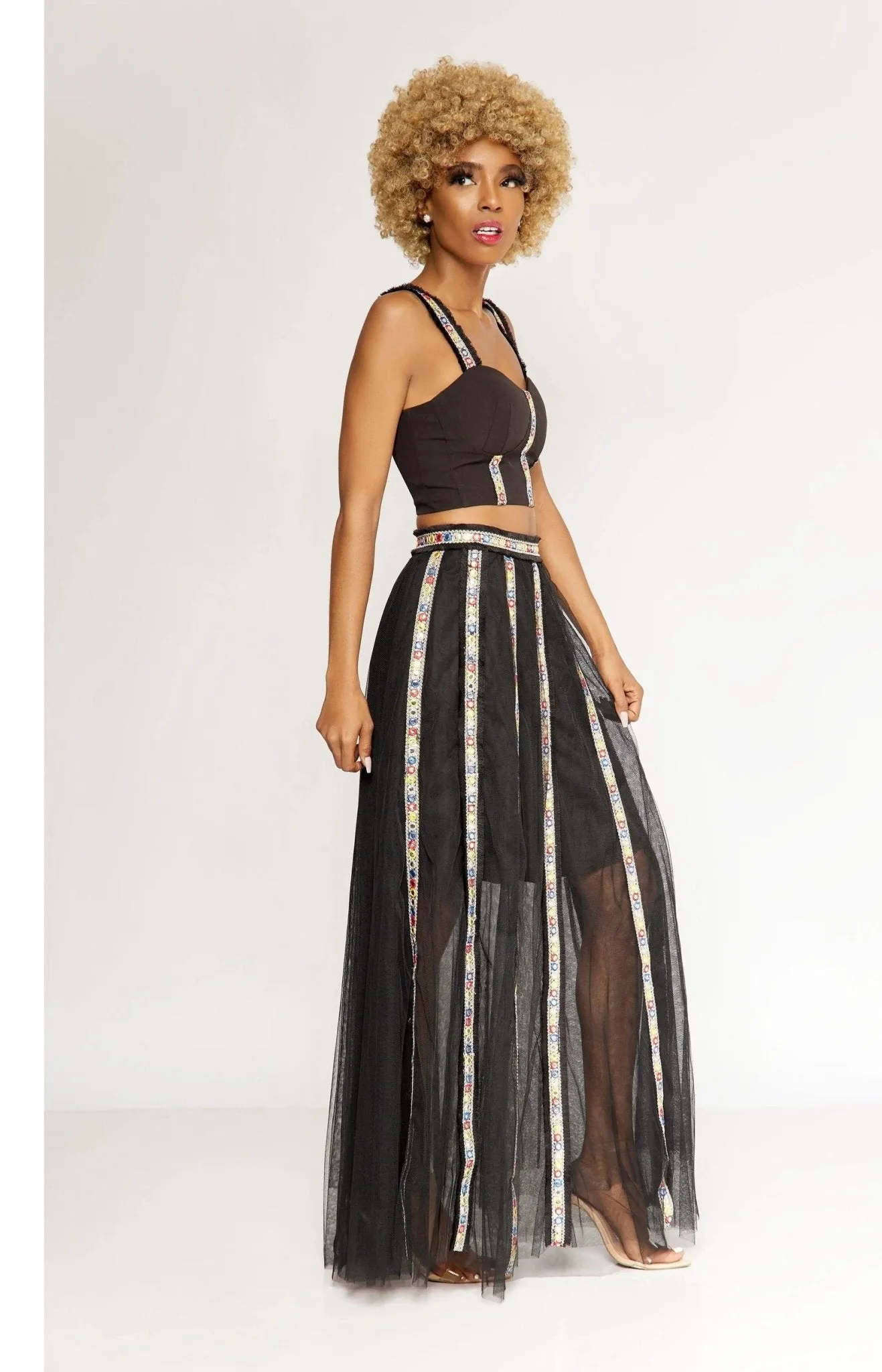 Black Embroidered Crop Top Set