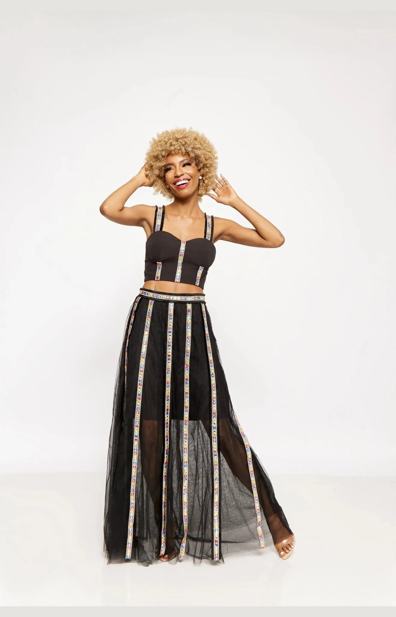 Black Embroidered Crop Top Set