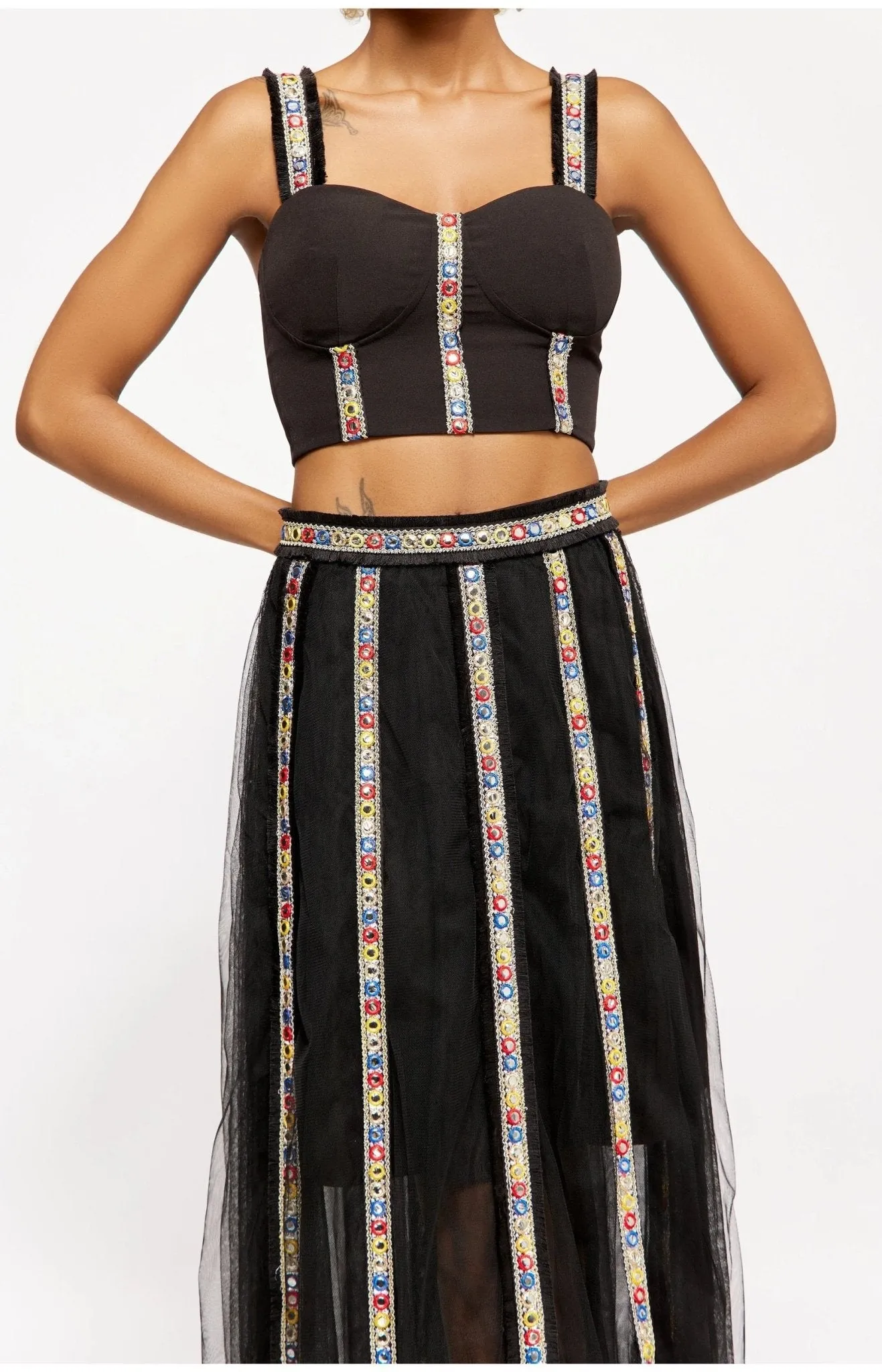 Black Embroidered Crop Top Set