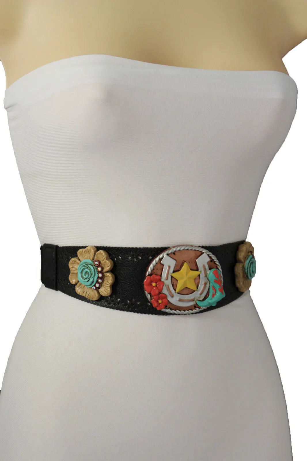 Black Faux Leather Stretch Waist Flowers Boots Horseshoe Star Western Belt S-M