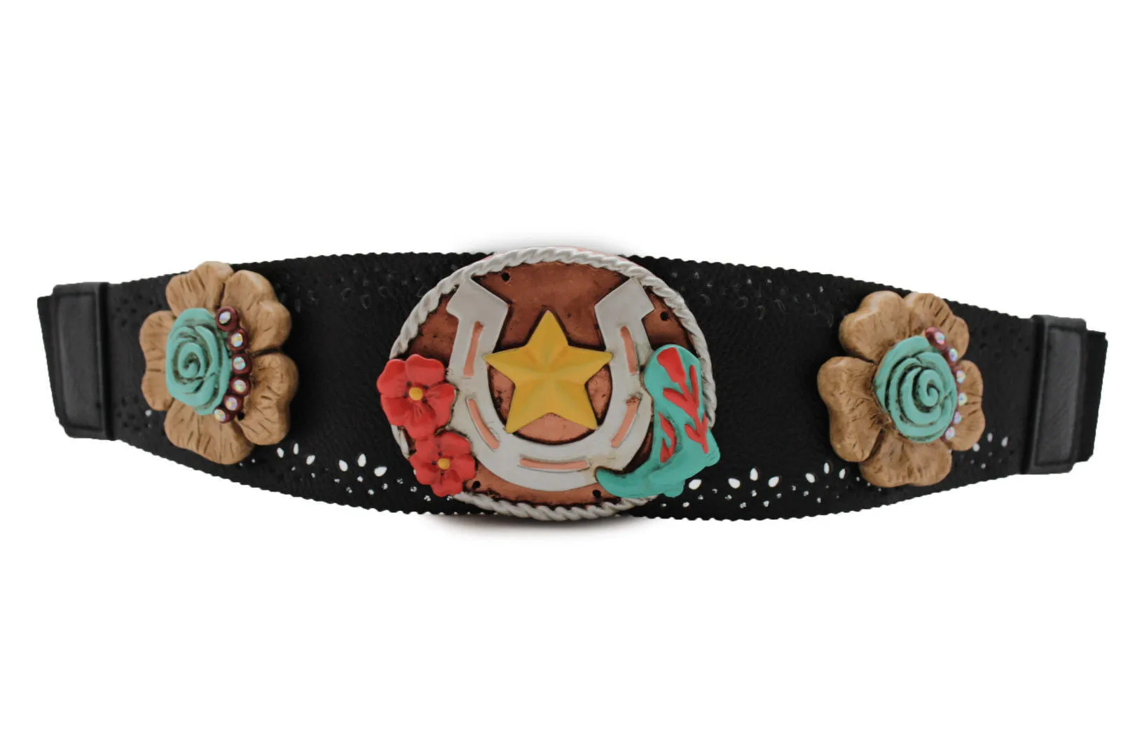Black Faux Leather Stretch Waist Flowers Boots Horseshoe Star Western Belt S-M