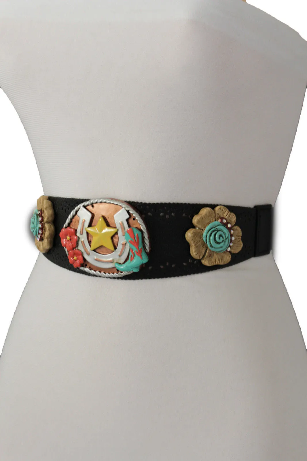 Black Faux Leather Stretch Waist Flowers Boots Horseshoe Star Western Belt S-M