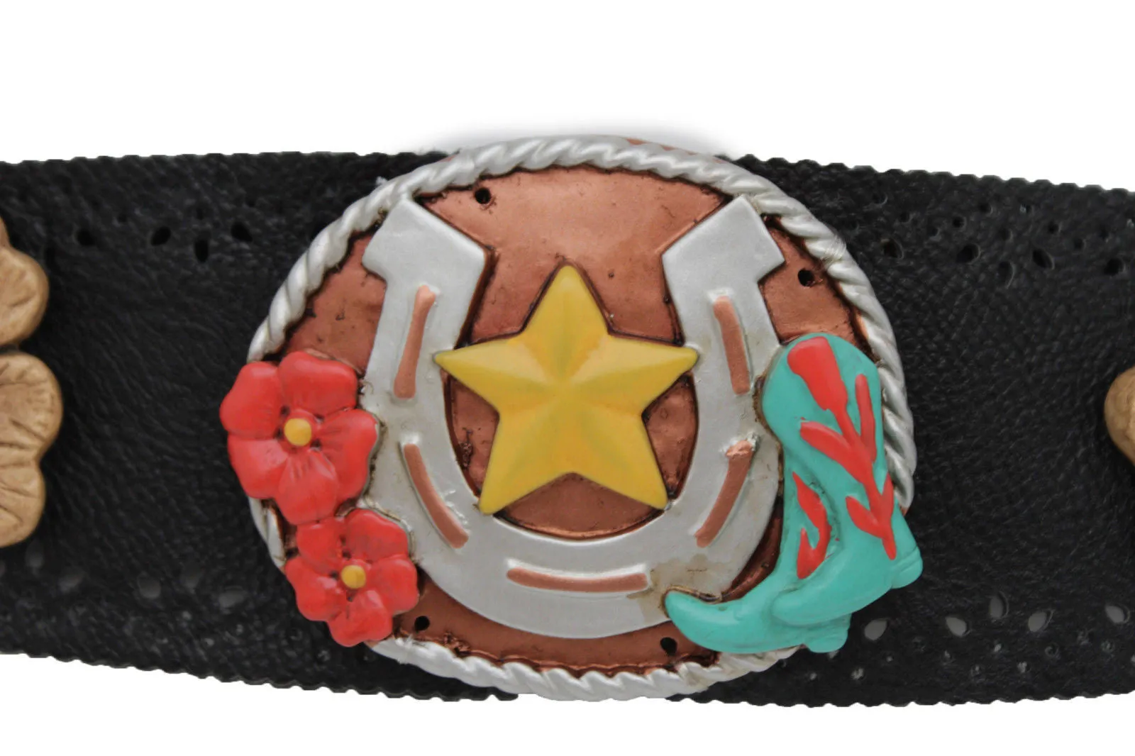 Black Faux Leather Stretch Waist Flowers Boots Horseshoe Star Western Belt S-M