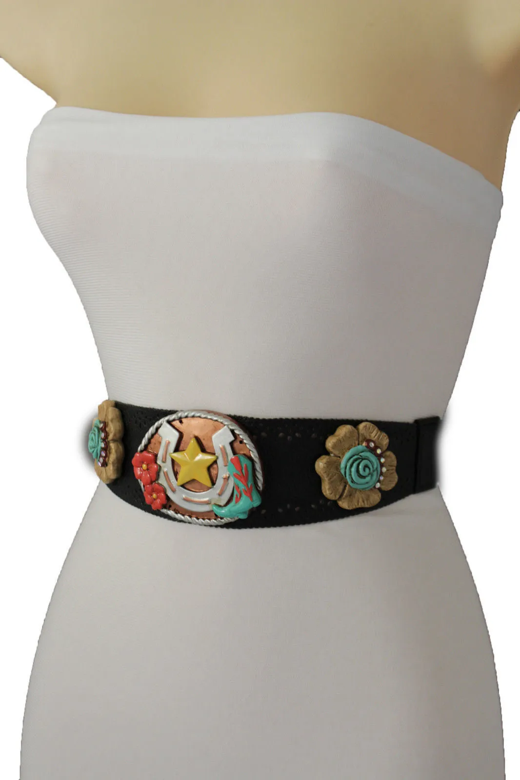Black Faux Leather Stretch Waist Flowers Boots Horseshoe Star Western Belt S-M