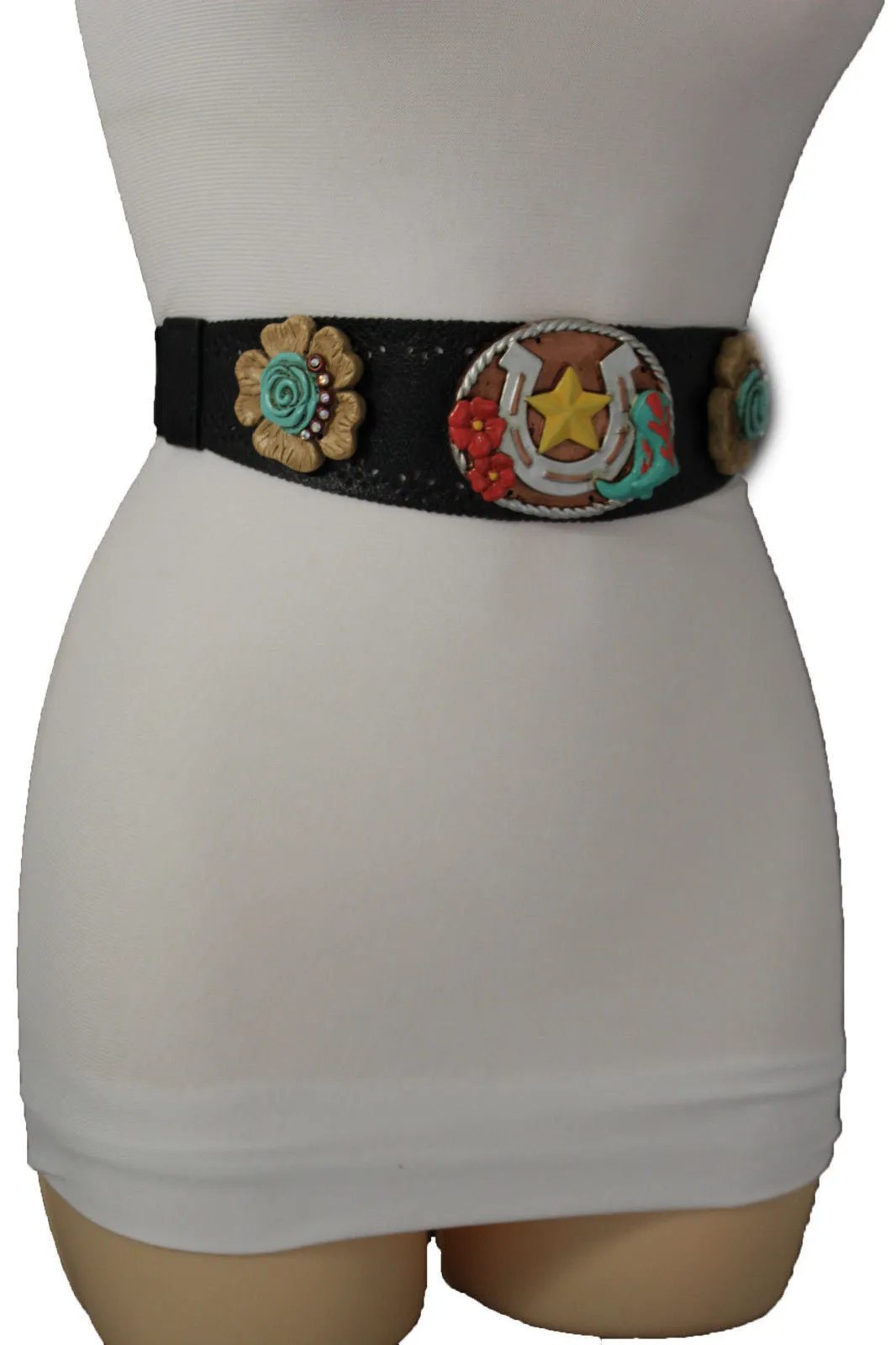 Black Faux Leather Stretch Waist Flowers Boots Horseshoe Star Western Belt S-M