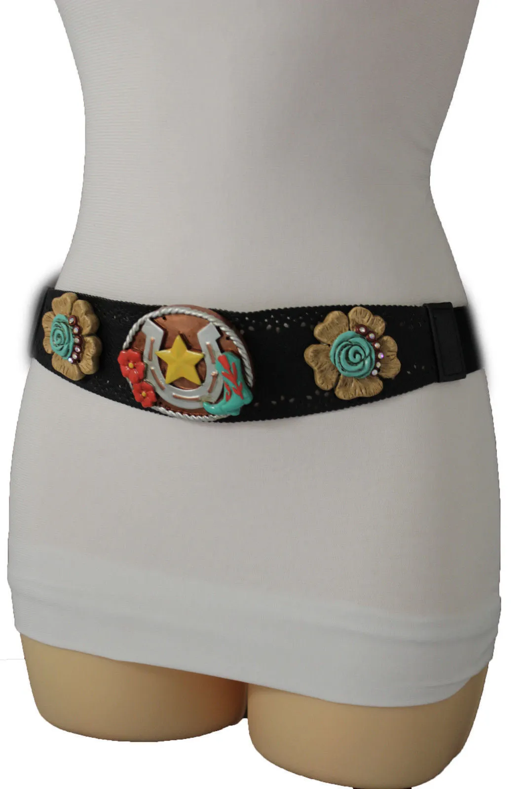 Black Faux Leather Stretch Waist Flowers Boots Horseshoe Star Western Belt S-M
