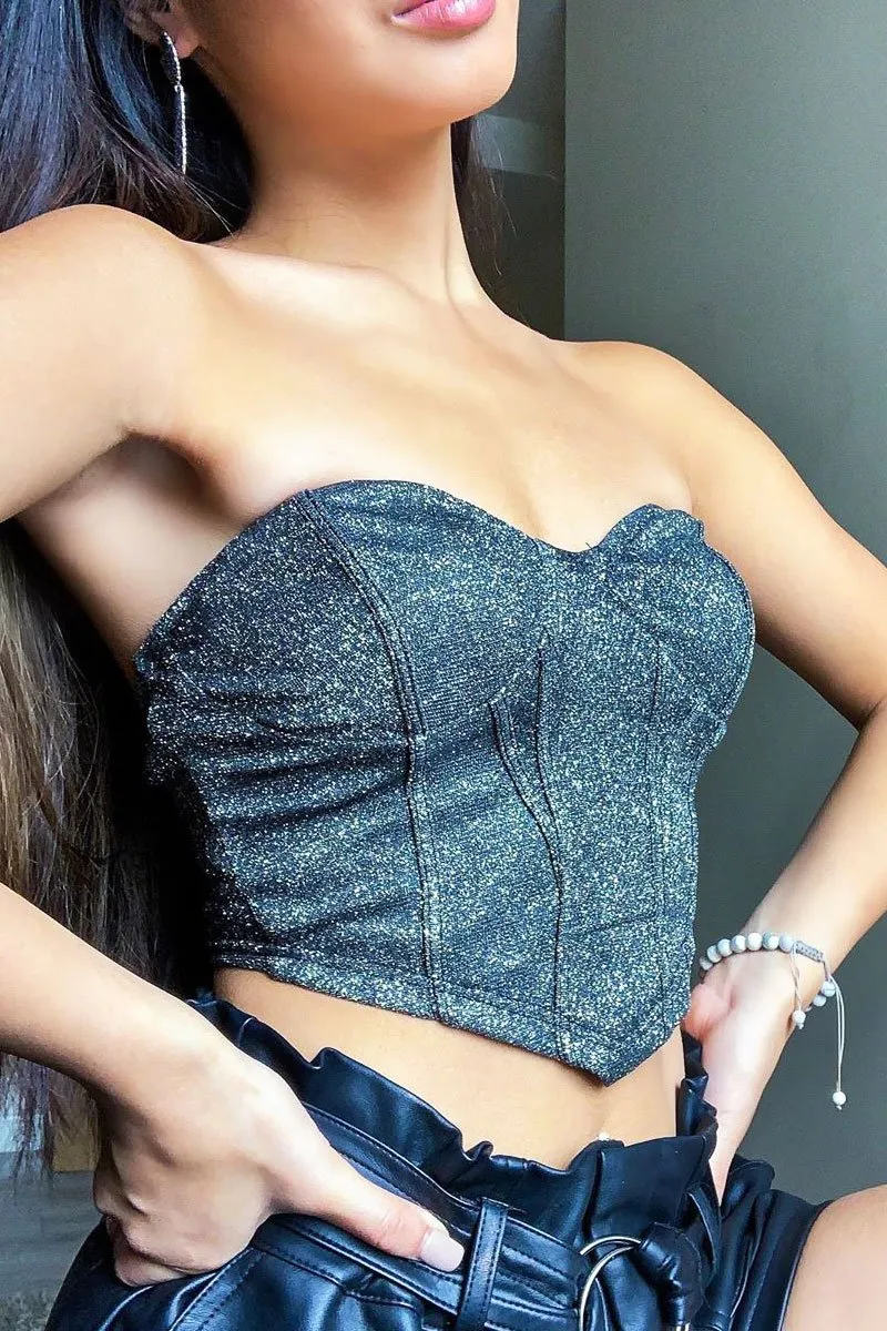 Black Glitter Corset Detail Bralet - Delmy
