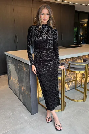 Black Jacquard Velvet Long Sleeve Gathered Side Midi Dress