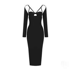 Black Long Sleeve V-neck Bodycon Rayon Bandage Dress