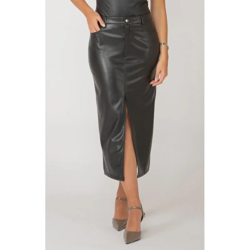 Black Tape Faux Leather Midi Skirt