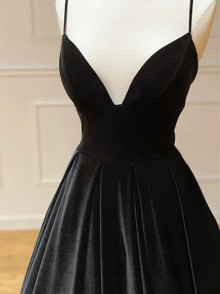Black Velvet Long A-line Low Back Prom Dresses Black V Neck Wedding Party Dresses prom Dresses shops