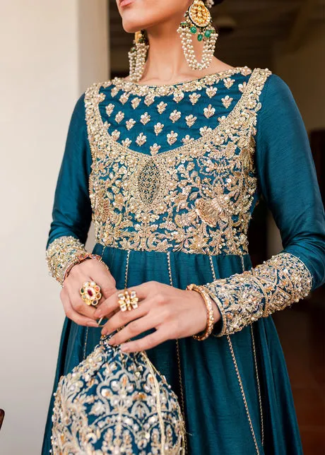 Blue Gold Long Pishwas for Pakistani Wedding Dresses