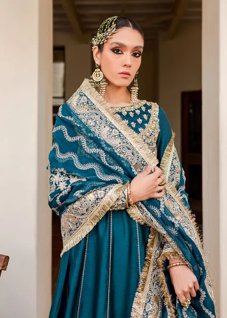 Blue Gold Long Pishwas for Pakistani Wedding Dresses