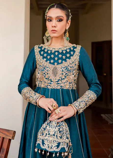 Blue Gold Long Pishwas for Pakistani Wedding Dresses