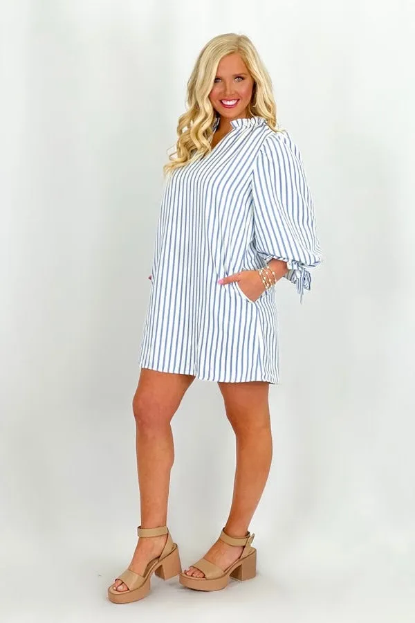 Blue Striped V-Neck Dress
