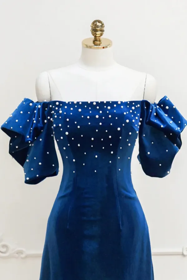 Blue Velvet A Line Short Prom Dress with Pearls, Off the Shoulder Evening Party Dress APH0259