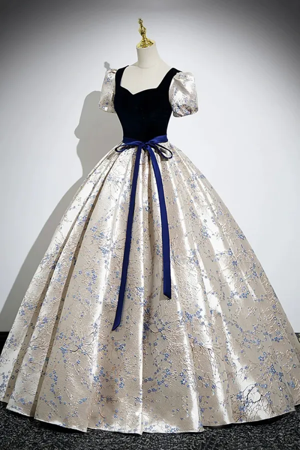 Blue Velvet Floor Length Printing Prom Dresses, A Line Short Sleeve Evening Formal Dresses APP0852