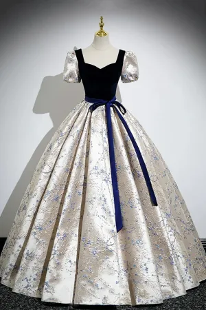 Blue Velvet Floor Length Printing Prom Dresses, A Line Short Sleeve Evening Formal Dresses APP0852
