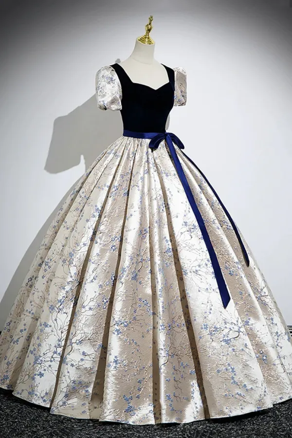 Blue Velvet Floor Length Printing Prom Dresses, A Line Short Sleeve Evening Formal Dresses APP0852
