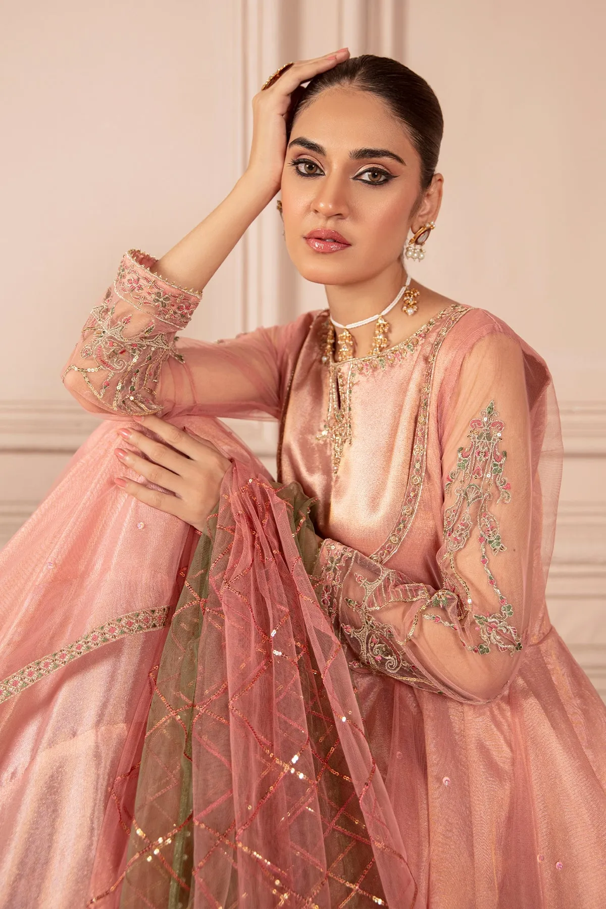 Blush Pink Embroidered Pakistani Pishwas Frock Dupatta Party Dress