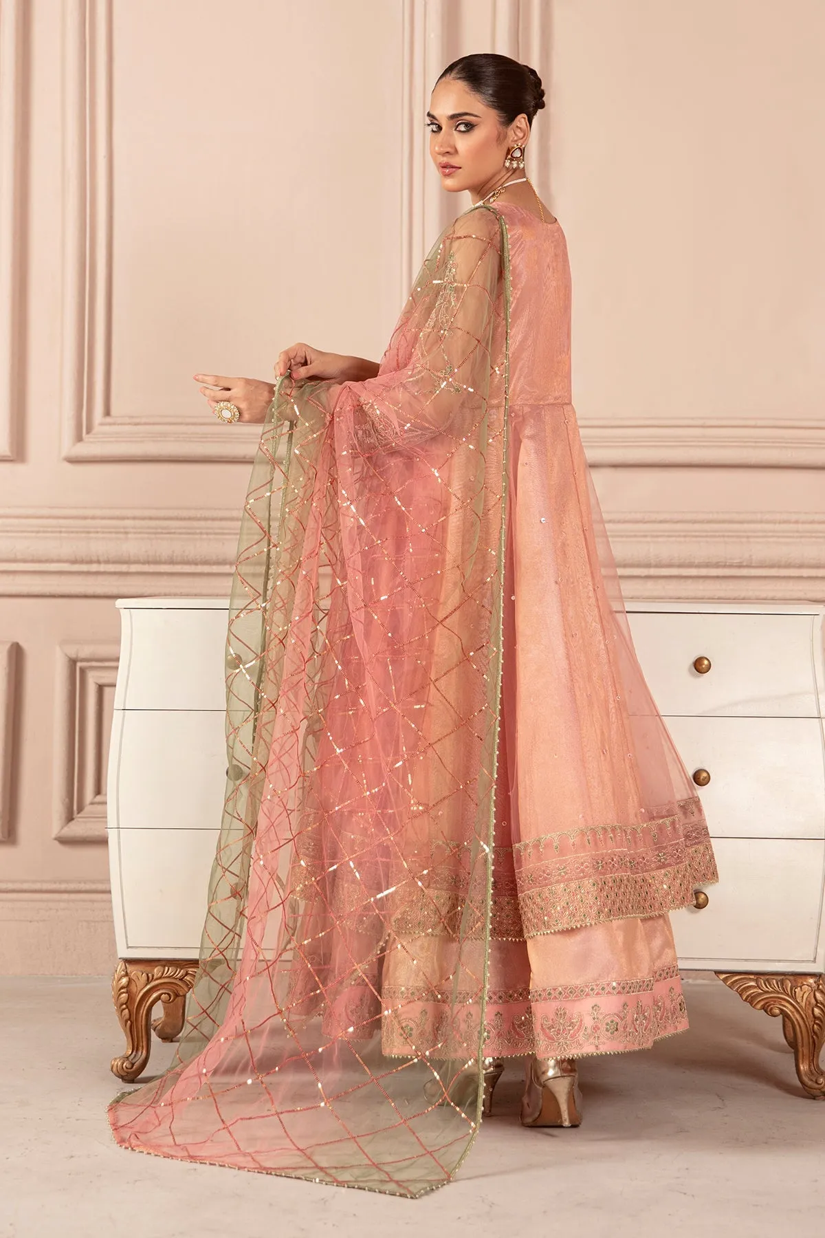 Blush Pink Embroidered Pakistani Pishwas Frock Dupatta Party Dress
