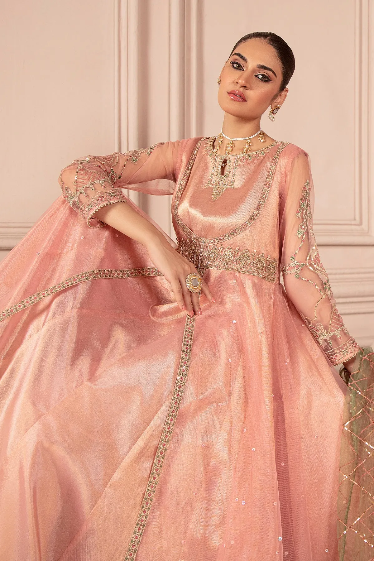 Blush Pink Embroidered Pakistani Pishwas Frock Dupatta Party Dress