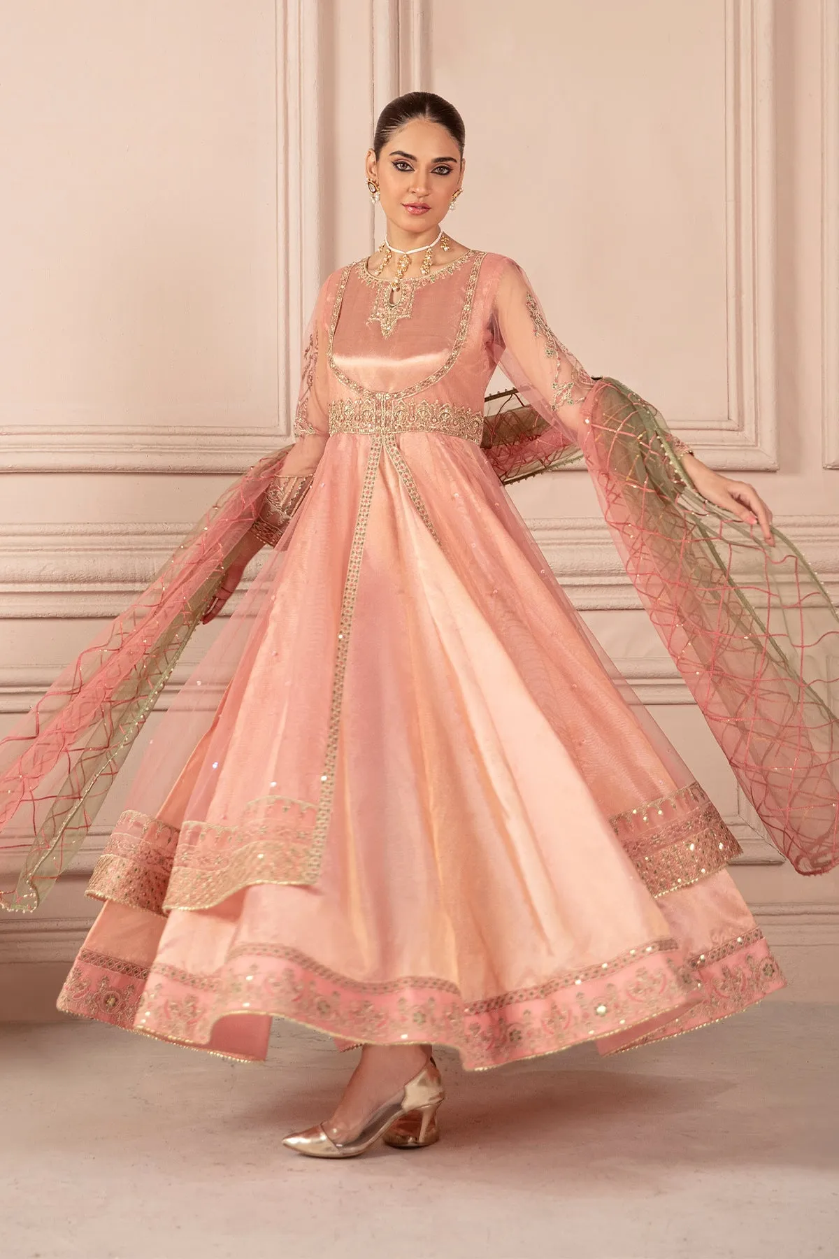 Blush Pink Embroidered Pakistani Pishwas Frock Dupatta Party Dress