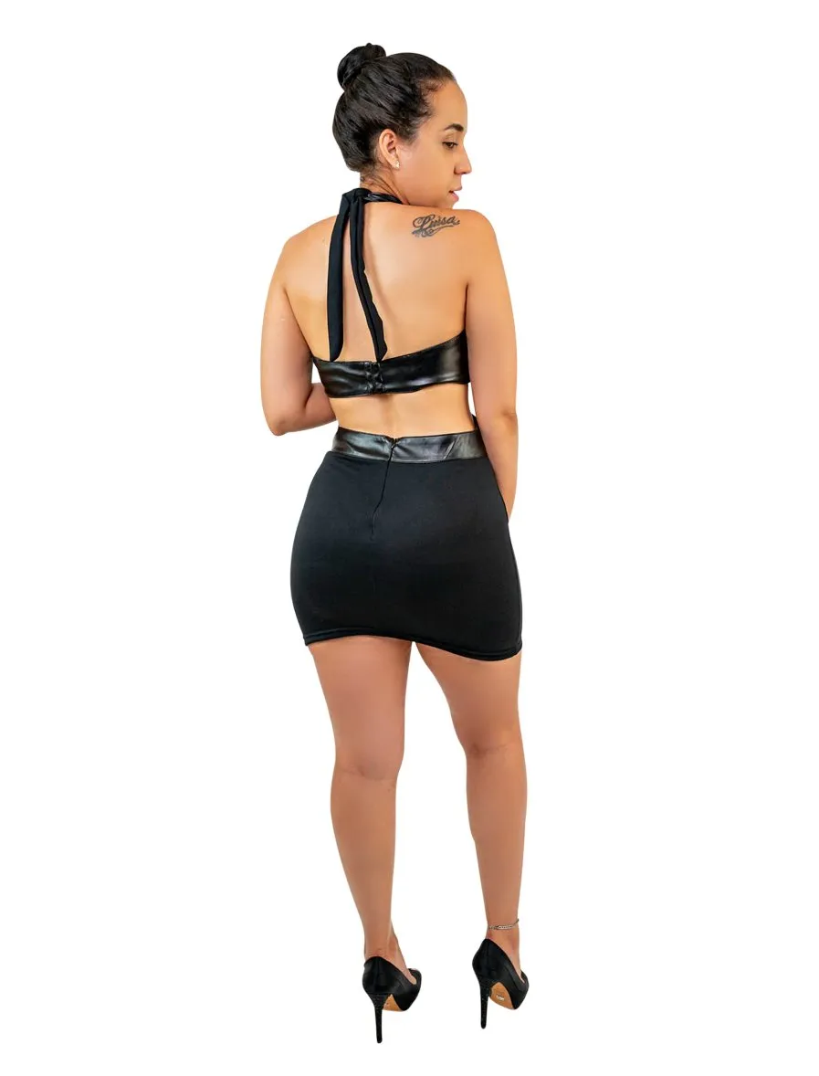 Bodycon Mini Dress Faux Leather Neck