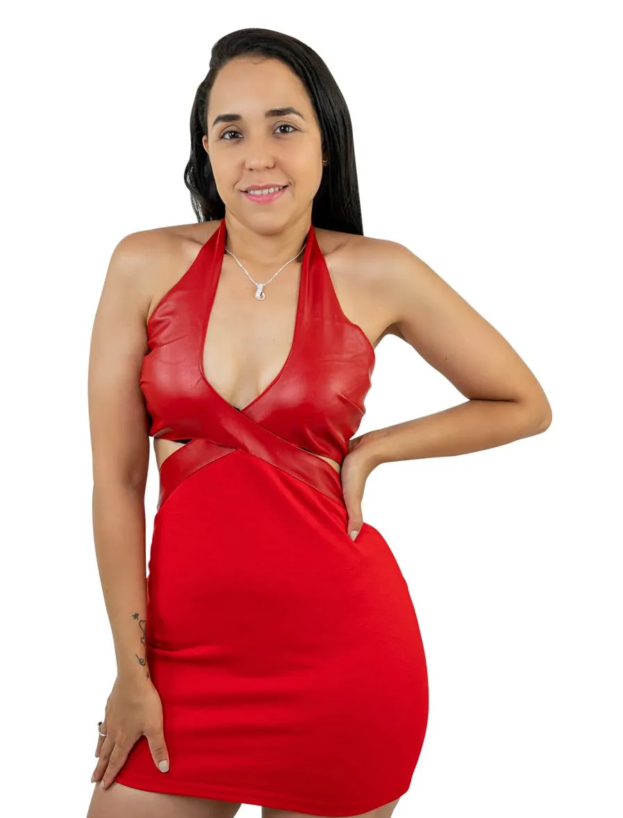 Bodycon Mini Dress Faux Leather Neck