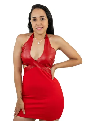 Bodycon Mini Dress Faux Leather Neck
