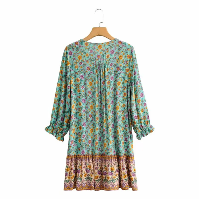 Boho Bohemia V-neck Single-breasted Ruffled Floral Mini Dresses