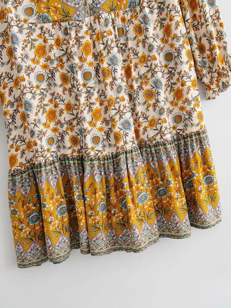 Boho Bohemia V-neck Single-breasted Ruffled Floral Mini Dresses