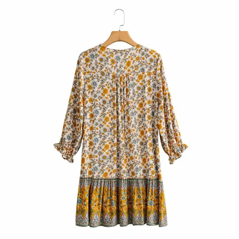 Boho Bohemia V-neck Single-breasted Ruffled Floral Mini Dresses