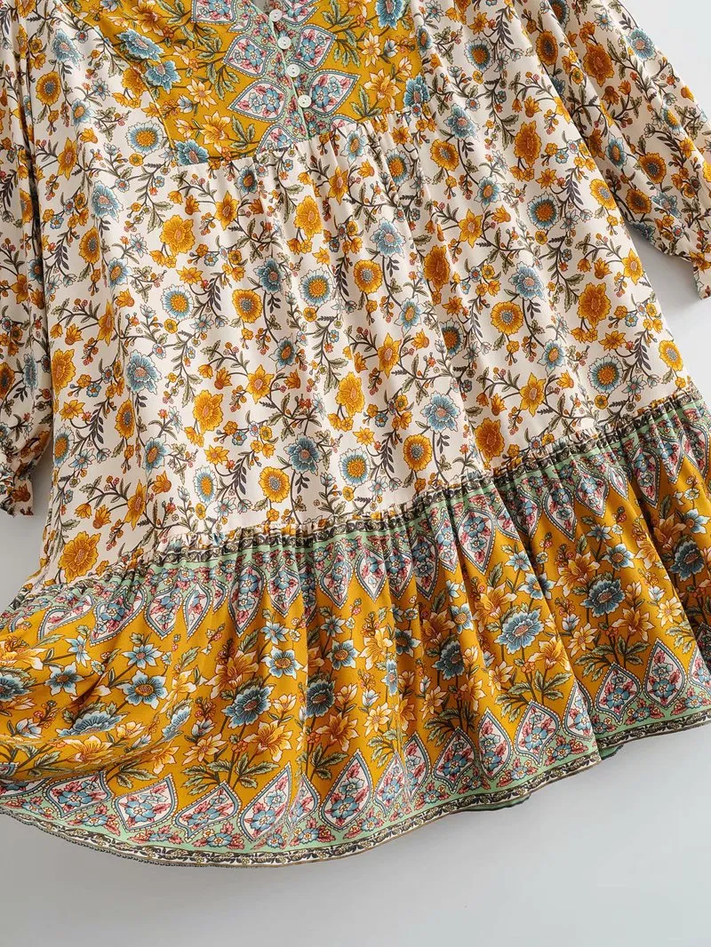 Boho Bohemia V-neck Single-breasted Ruffled Floral Mini Dresses