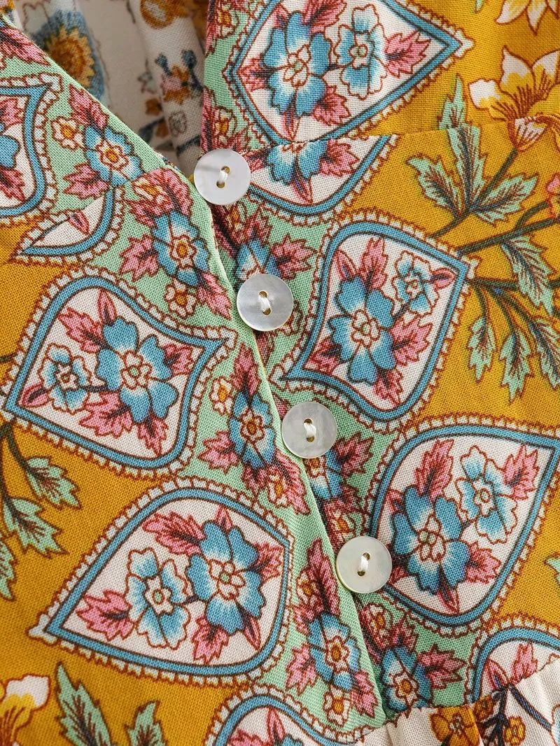 Boho Bohemia V-neck Single-breasted Ruffled Floral Mini Dresses