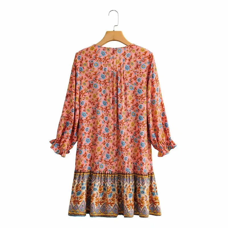 Boho Bohemia V-neck Single-breasted Ruffled Floral Mini Dresses