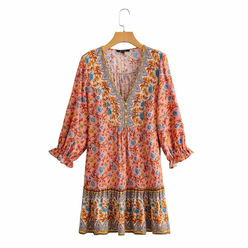 Boho Bohemia V-neck Single-breasted Ruffled Floral Mini Dresses