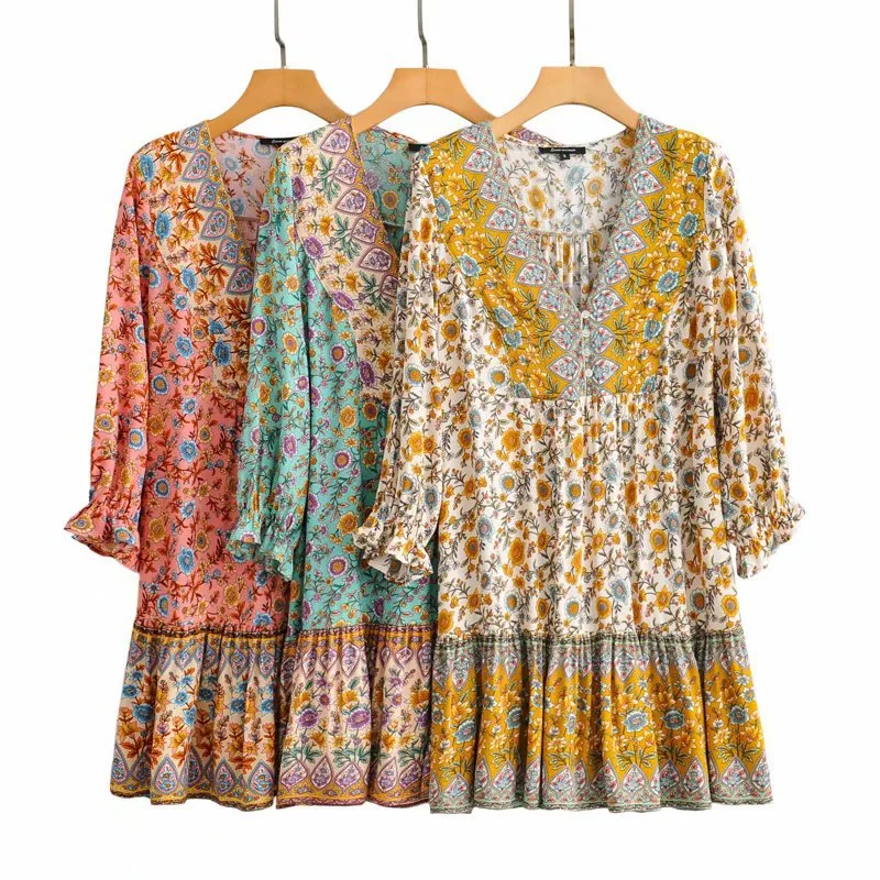 Boho Bohemia V-neck Single-breasted Ruffled Floral Mini Dresses