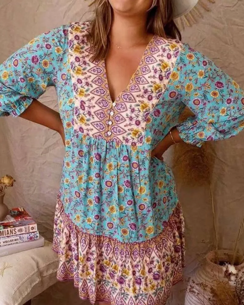 Boho Bohemia V-neck Single-breasted Ruffled Floral Mini Dresses