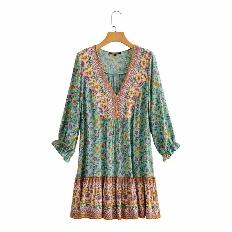 Boho Bohemia V-neck Single-breasted Ruffled Floral Mini Dresses