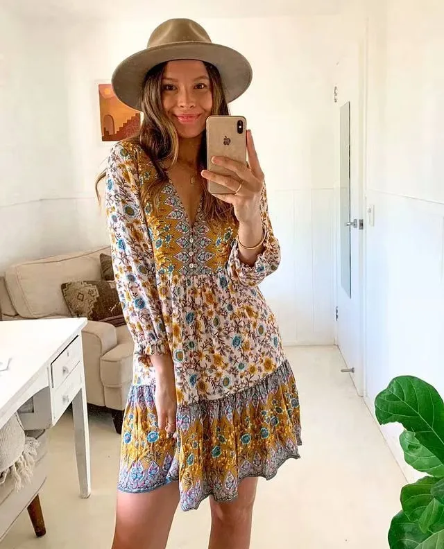 Boho Bohemia V-neck Single-breasted Ruffled Floral Mini Dresses