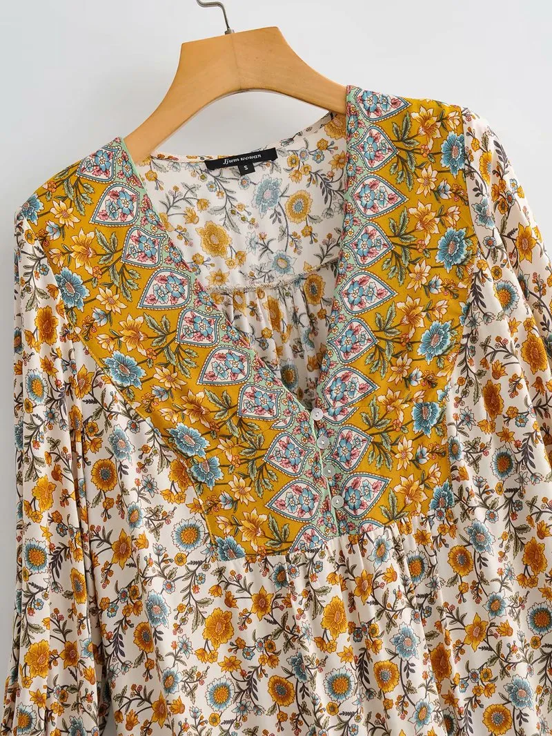 Boho Bohemia V-neck Single-breasted Ruffled Floral Mini Dresses