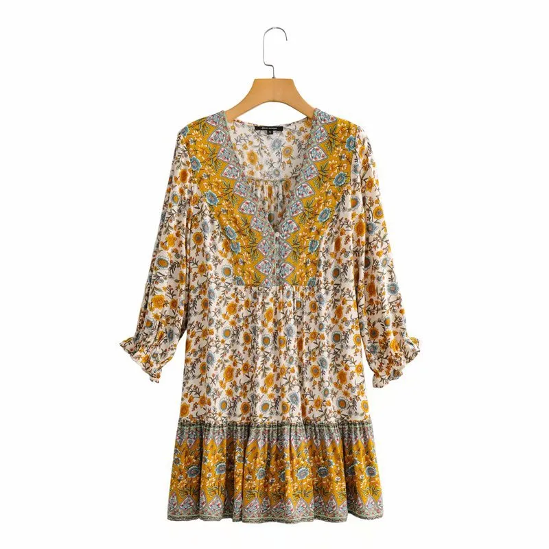 Boho Bohemia V-neck Single-breasted Ruffled Floral Mini Dresses