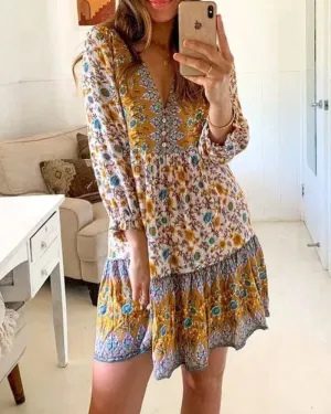 Boho Bohemia V-neck Single-breasted Ruffled Floral Mini Dresses
